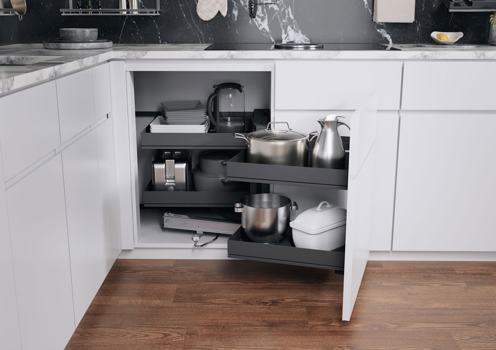 КОМПЛЕКТ правый, Волшебный угол 450-600 мм, H 525, Арена ПЬЮР, 4 полки, цвет АНТРАЦИТ Kessebohmer | официальный магазин